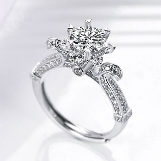 Mozanstone 925 Silver Heart Flower Blooming Four Prong Crown Female Ring