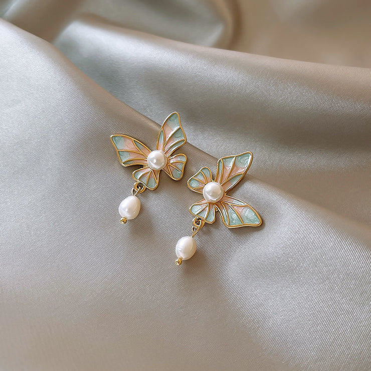 Pearl Drop Glaze Butterfly Earrings