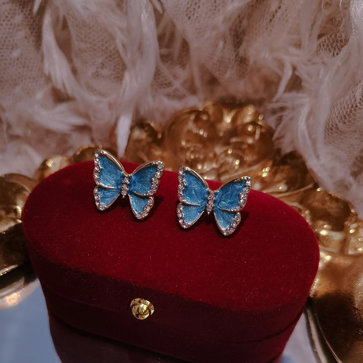 Vintage Blue Rhinestone Butterfly Earrings
