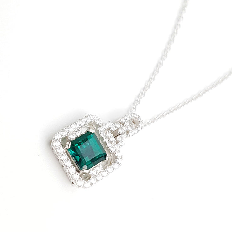 Laboratory square diamond emerald perfume bottle silver necklace