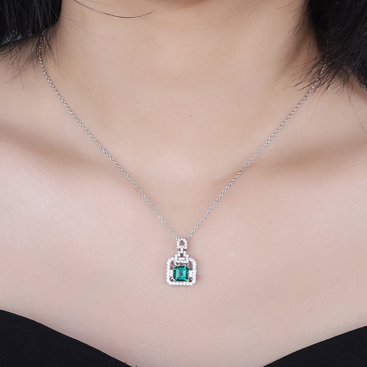 Laboratory square diamond emerald perfume bottle silver necklace