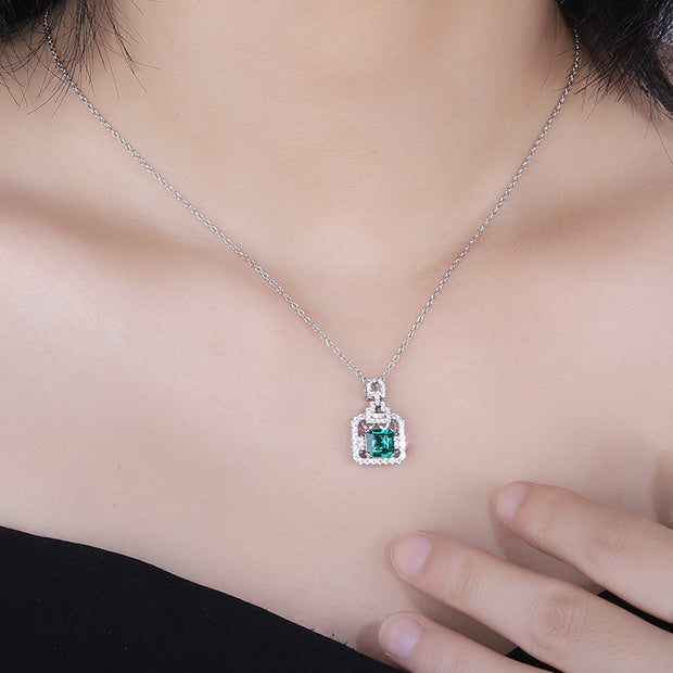 Laboratory square diamond emerald perfume bottle silver necklace