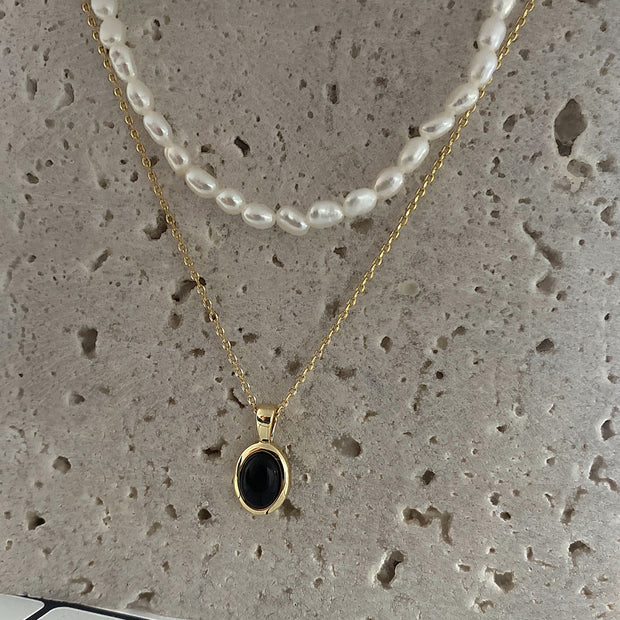 Black onyx pearl stacking necklace