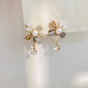Pearl Flower & Crystal Tassel Earrings