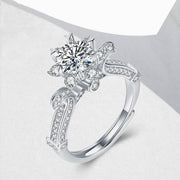 Mozanstone 925 Silver Heart Flower Blooming Four Prong Crown Female Ring