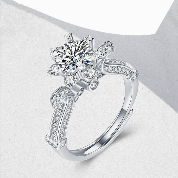 Mozanstone 925 Silver Heart Flower Blooming Four Prong Crown Female Ring