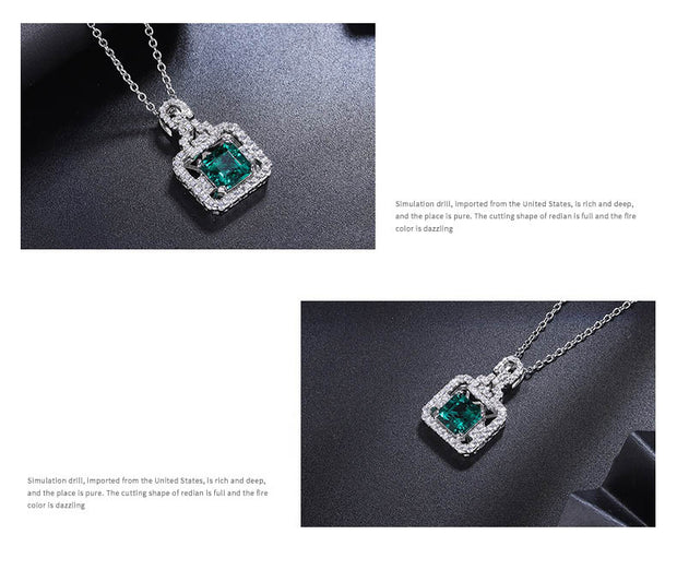 Laboratory square diamond emerald perfume bottle silver necklace