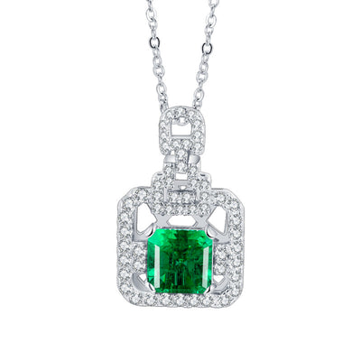 Laboratory square diamond emerald perfume bottle silver necklace