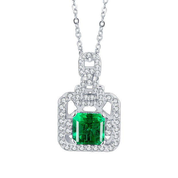 Laboratory square diamond emerald perfume bottle silver necklace