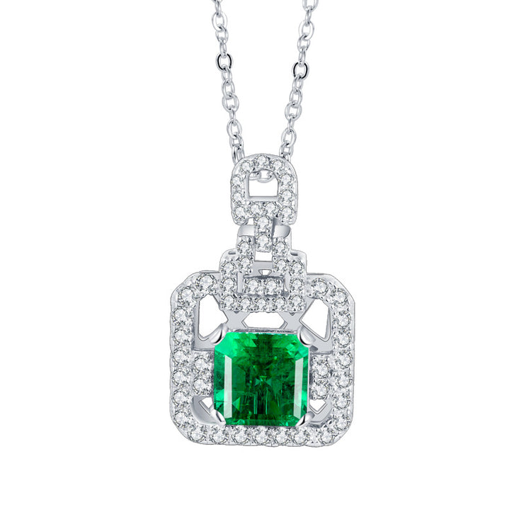 Laboratory square diamond emerald perfume bottle silver necklace