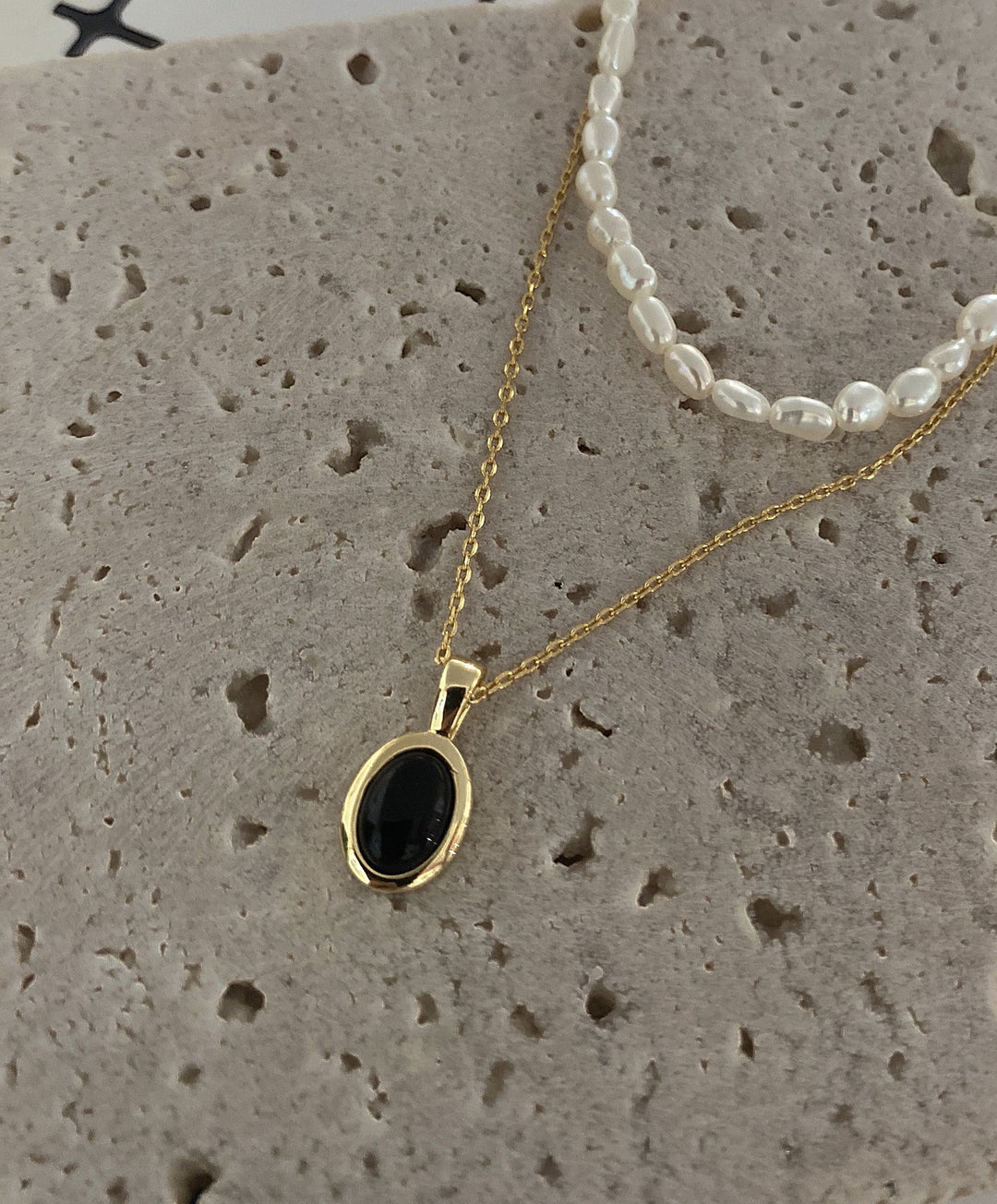 Black onyx pearl stacking necklace