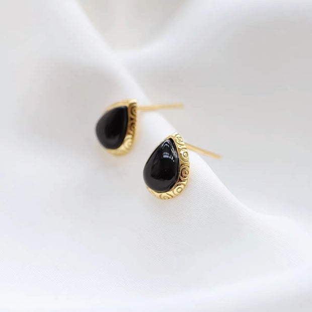 Natural Black Onyx Gold Plated Earrings in Sterling Silver