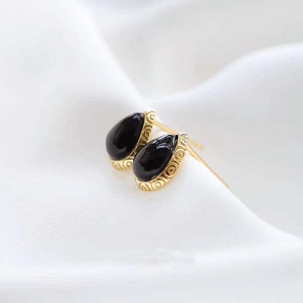 Natural Black Onyx Gold Plated Earrings in Sterling Silver