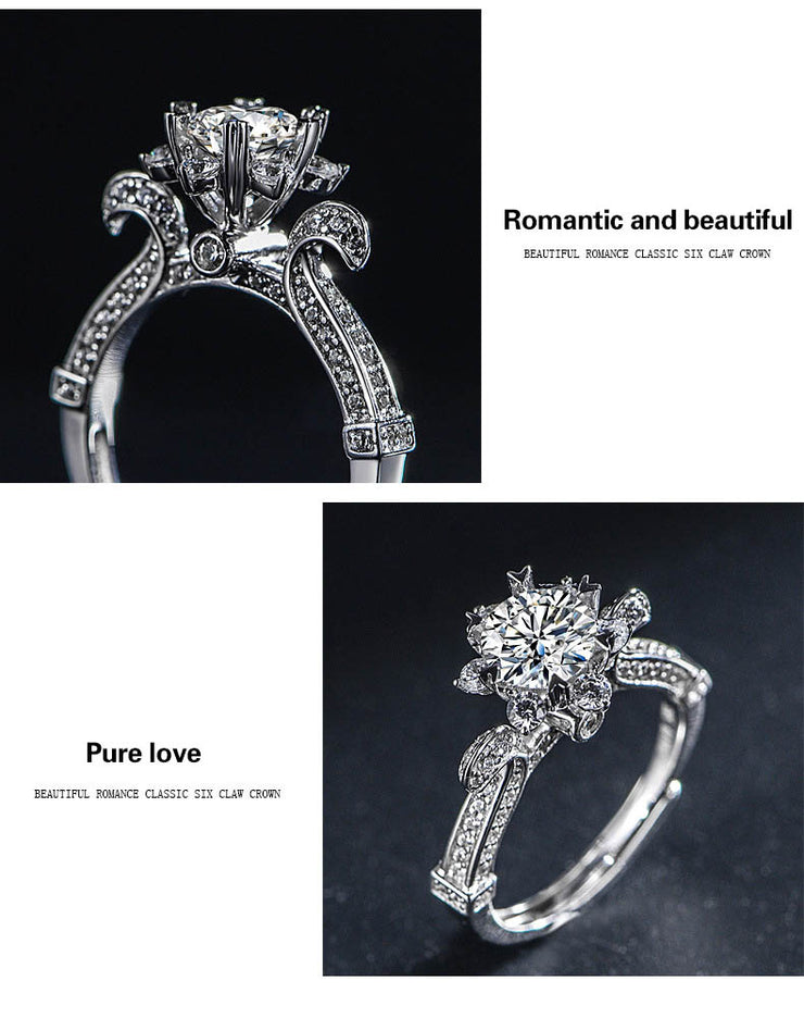 Mozanstone 925 Silver Heart Flower Blooming Four Prong Crown Female Ring