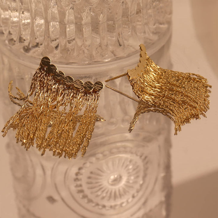 Curved Bar Long Tassel Earrings