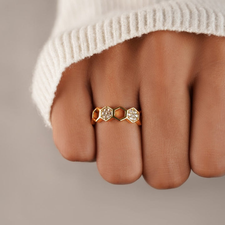 Gold & Crystal Honeycomb Ring