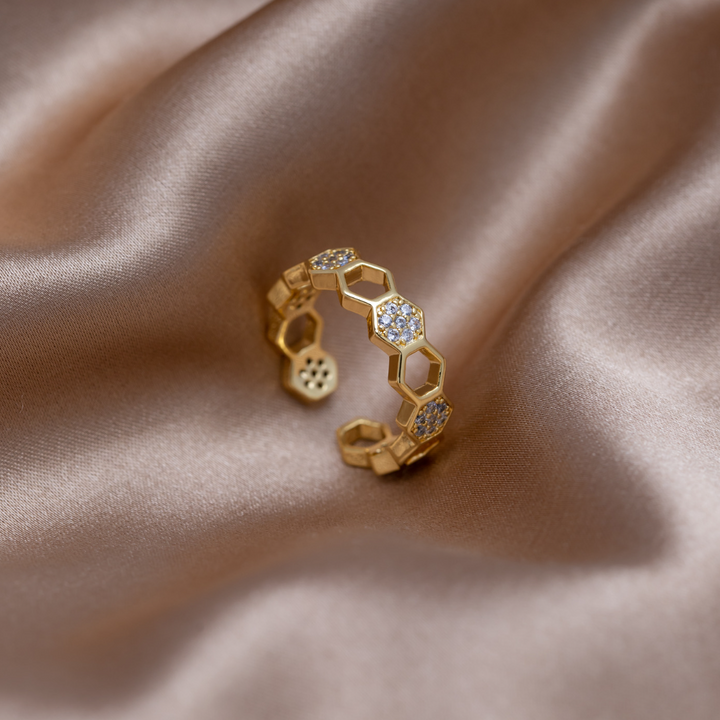 Gold & Crystal Honeycomb Ring
