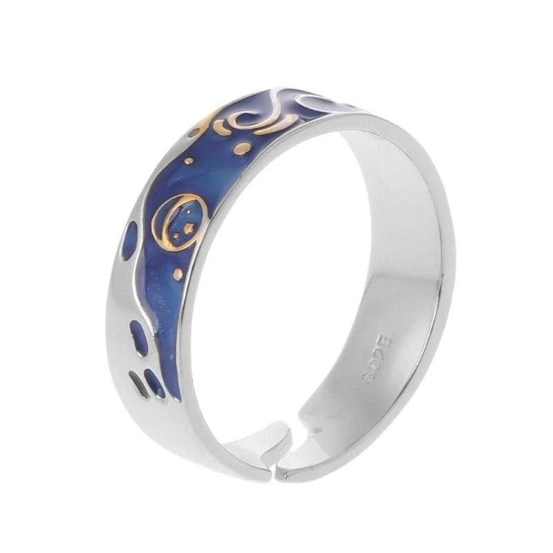 Van Gogh Silver Blue Starry Sky Ring