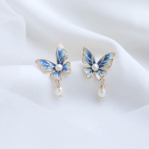 Pearl Drop Glaze Butterfly Earrings