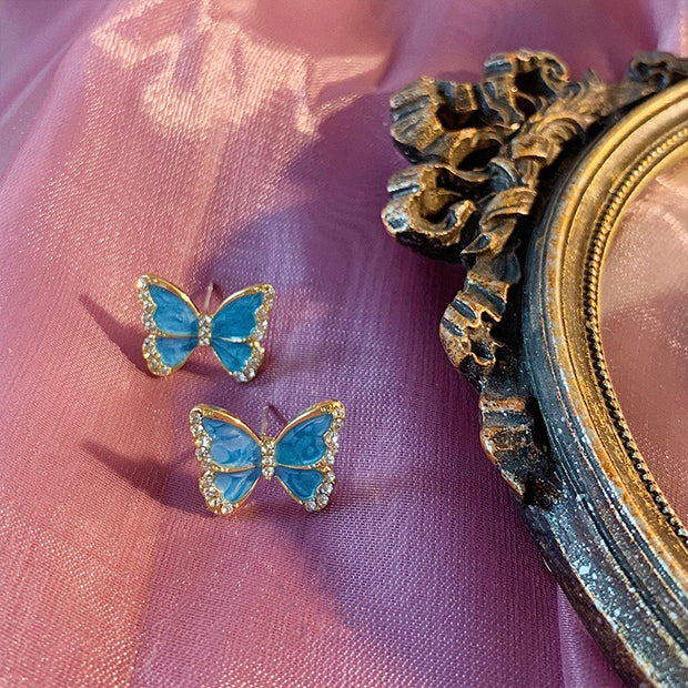 Vintage Blue Rhinestone Butterfly Earrings