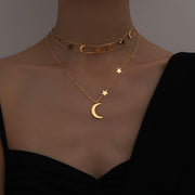 Simple Multilayer Star and Moon Necklace