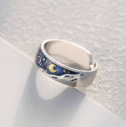 Van Gogh Silver Blue Starry Sky Ring