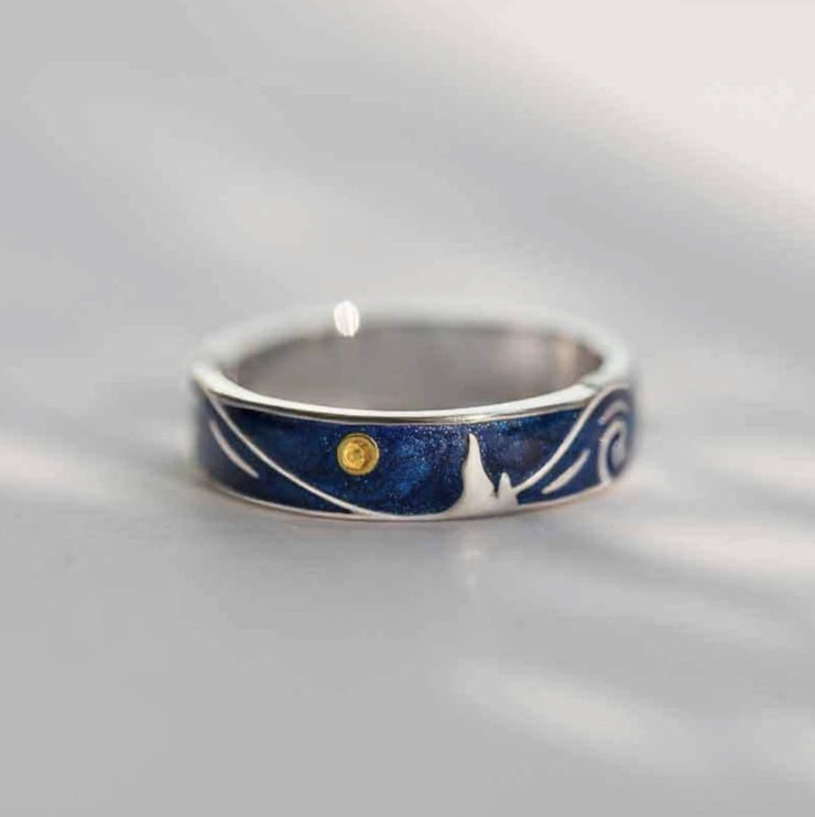 Van Gogh Silver Blue Starry Sky Ring