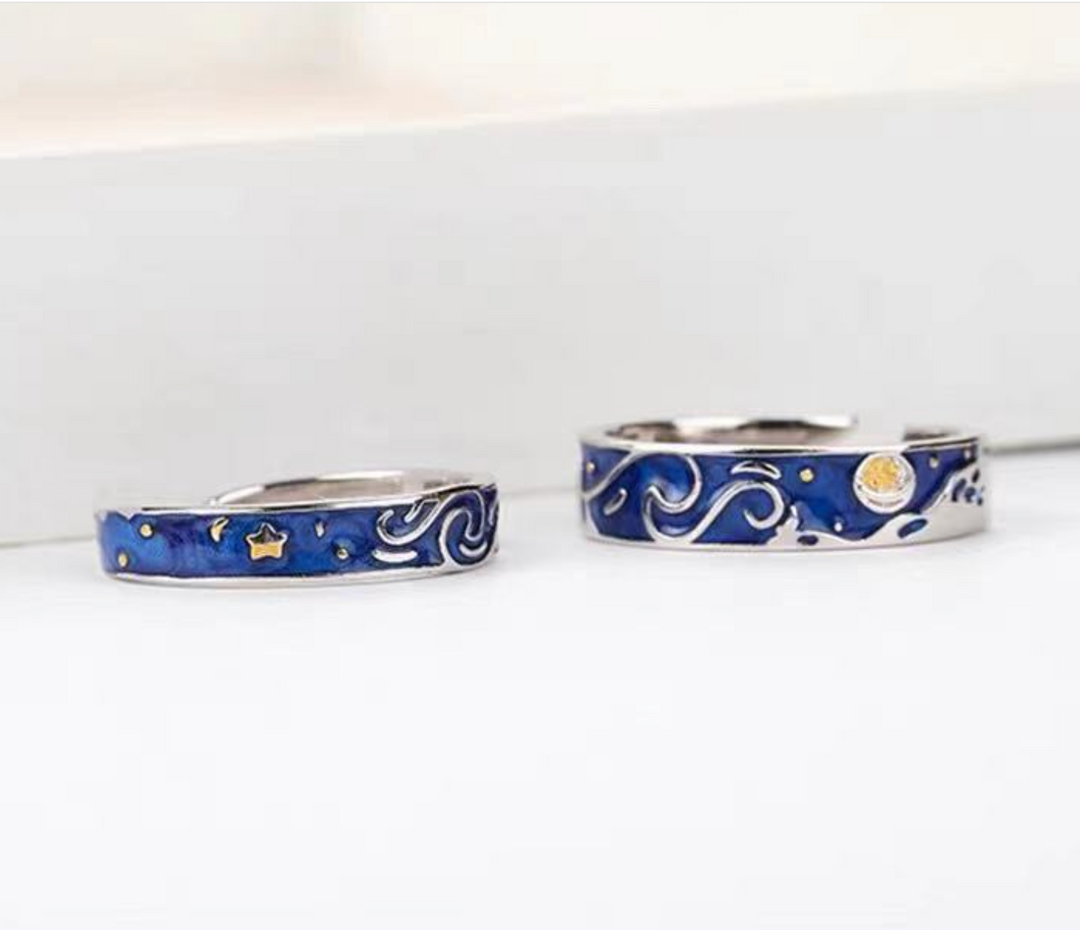 Van Gogh Silver Blue Starry Sky Ring
