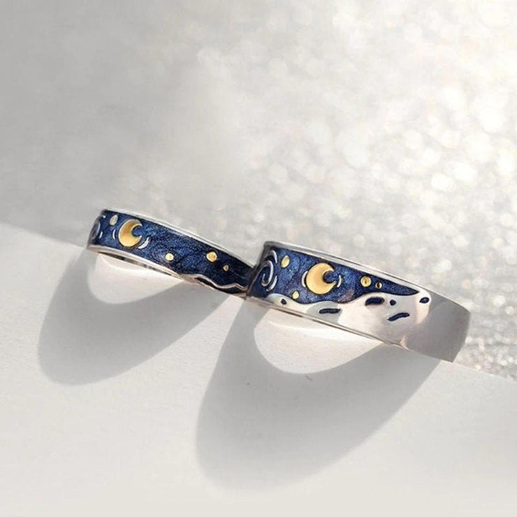 Van Gogh Silver Blue Starry Sky Ring