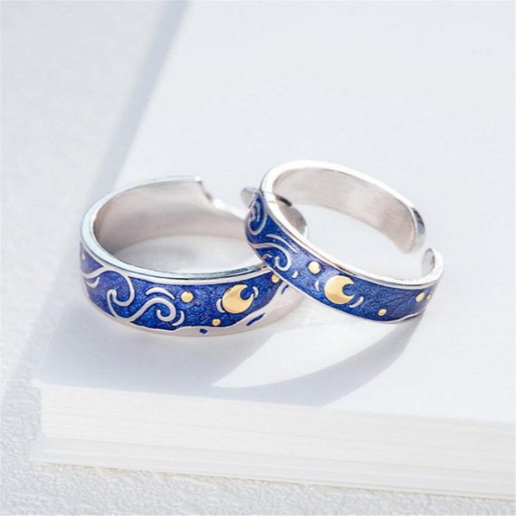 Van Gogh Silver Blue Starry Sky Ring